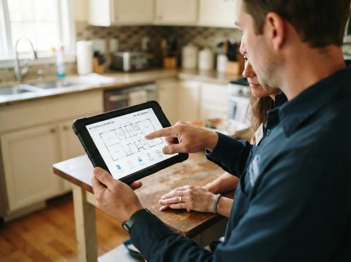 Water damage restoration technician inspecting a home in Bristol, IN